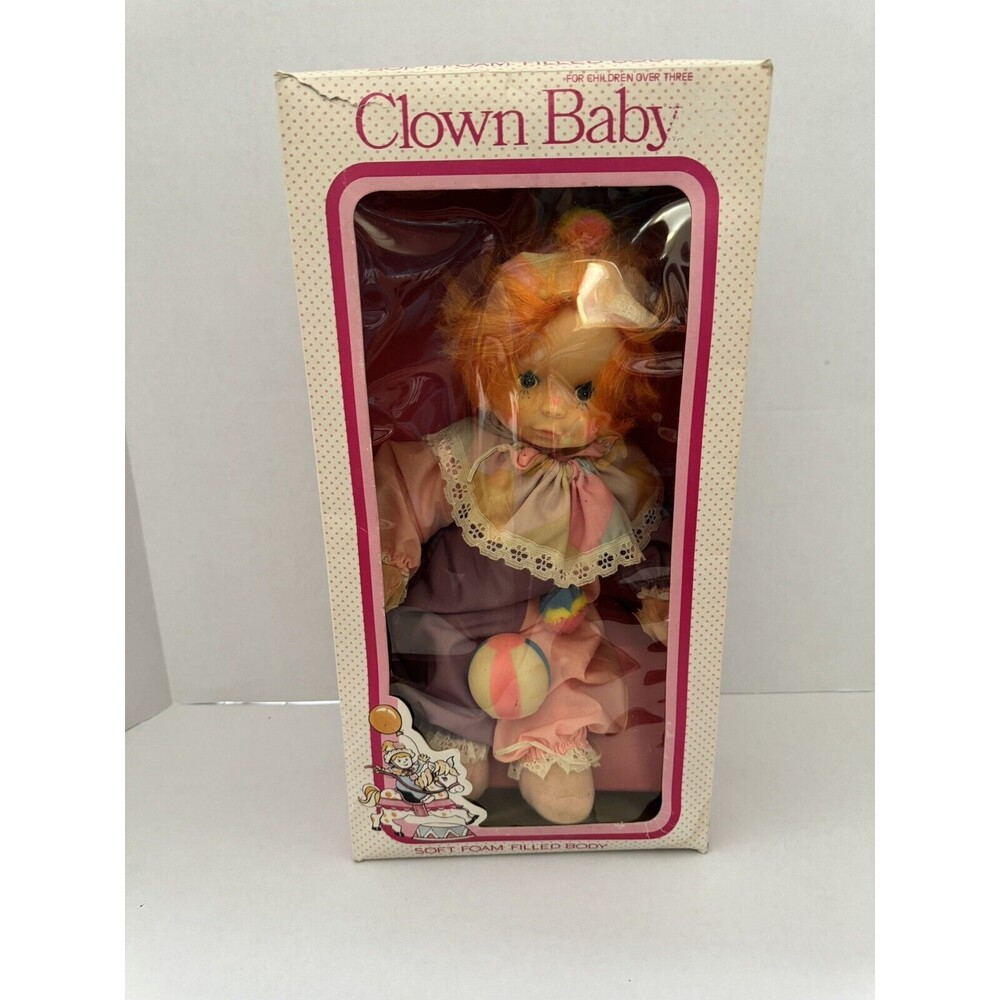Vintage Uneeda Baby Clown Doll 1982 Soft Foam Body Blue Eyes Orange Hair 14" Box